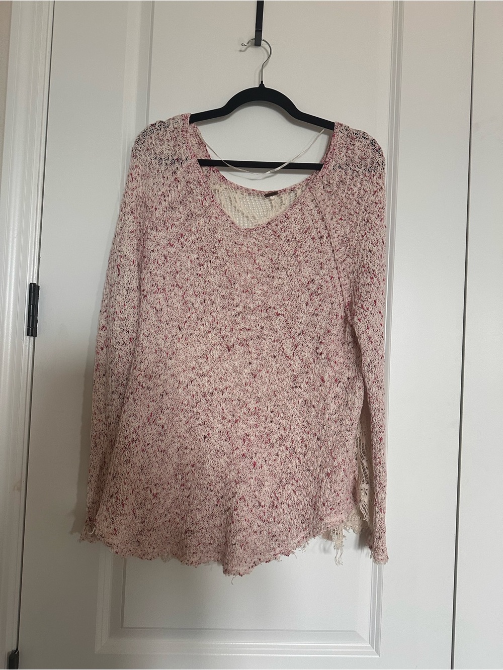 Free People Pink and Cream Open-Knit V-Neck Sweater